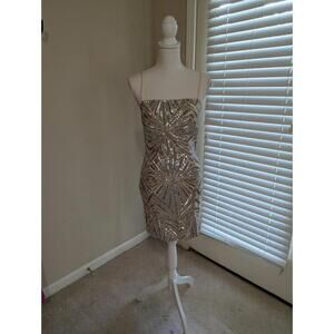 Women's Formal Dress NWOT Nude With Silver Sequins Mid Thigh Length